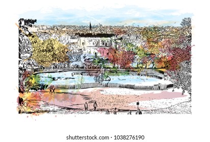 Florence City in Italy. Watercolor splash with hand drawn sketch illustration in vector.