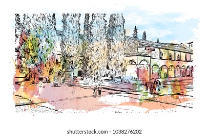 Florence City in Italy. Watercolor splash with hand drawn sketch illustration in vector.