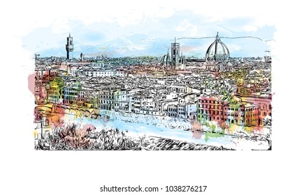 Florence City in Italy. Watercolor splash with hand drawn sketch illustration in vector.