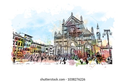 Florence City in Italy. Watercolor splash with hand drawn sketch illustration in vector.