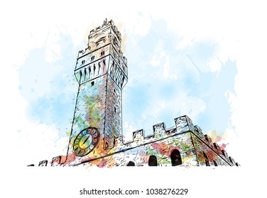 Florence City in Italy. Watercolor splash with hand drawn sketch illustration in vector.