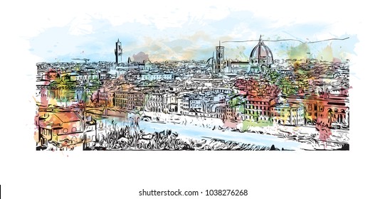 Florence City in Italy. Watercolor splash with hand drawn sketch illustration in vector.