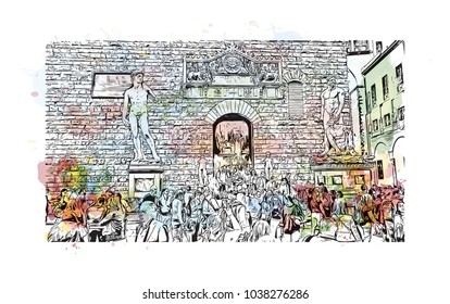 Florence City in Italy. Watercolor splash with hand drawn sketch illustration in vector.