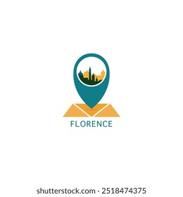 Florence city map pin point geolocation modern skyline vector logo icon isolated illustration. Italy, Tuscany pointer emblem with landmarks and building silhouettes