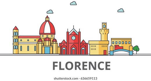 Florence city skyline. Buildings, streets, silhouette, architecture, landscape, panorama, landmarks. Editable strokes. Flat design line vector illustration concept. Isolated icons on white background