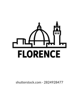 Florence city skyline icon featuring a large cathedral dome, tall bell tower and low historic buildings, black outline vector for tourism, architecture and city travel design