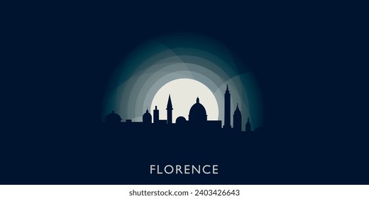 Florence cityscape skyline city panorama vector flat modern banner illustration. Italy, Tuscany region town emblem idea with landmarks and building silhouettes at sunrise sunset night