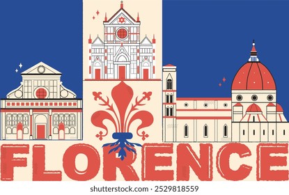 Florence culture travel set, famous architectures, specialties in flat design, retro style. Business, tourism concept isolated on white background. Image for presentation, banner, website, app, advert