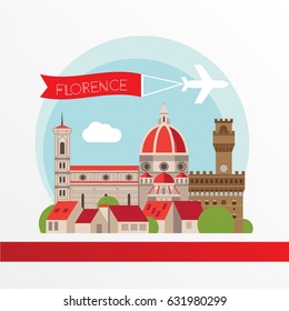 Florence detailed silhouette. Trendy stylish colorful landmarks. The concept for a web banner. The Cattedrale di Santa Maria del Fiore - The symbol of Tuscany, Italy