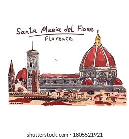 Florence. Duomo Santa maria del fiore. Vector hand drawn sketch illustration. City panorama. Can be used at advertising, traveling, postcards, prints, textile, design. For banners, stickers logo