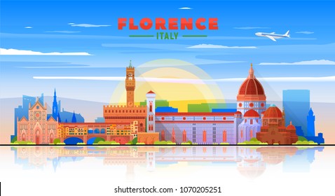 Florence ( Italy ) city skyline in blue background. Vector Illustration. Business travel and tourism concept with modern buildings. Image for banner or web site.
