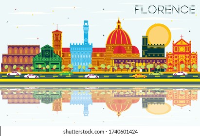 Florence Italy City Skyline with Color Buildings, Blue Sky and Reflections. Vector Illustration. Business Travel and Tourism Concept with Modern Architecture. Florence Cityscape with Landmarks.