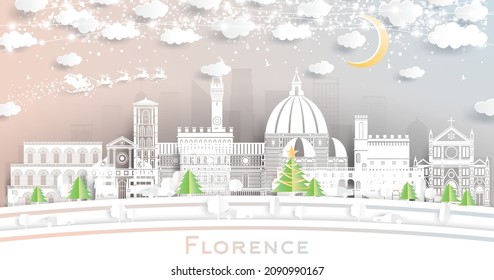 Florence Italy City Skyline in Paper Cut Style with Snowflakes, Moon and Neon Garland. Vector Illustration. Christmas and New Year Concept. Santa Claus on Sleigh. Florence Cityscape with Landmarks.