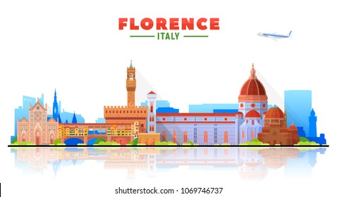 Florence ( Italy ) city skyline in white background. Vector Illustration. Business travel and tourism concept with modern buildings. Image for banner or web site.