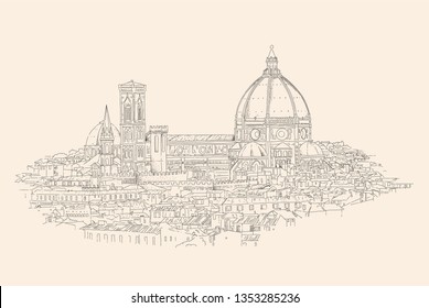 Florence, Italy cityscape with Dome and old quarters. Hand drawn sketch vector illustration.