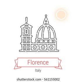 Florence (Italy) flat style thin line icon with an inscription on a ribbon banner with the sun in the background. Florence logo, landmark, vector symbol. Cathedral of Santa Maria pictogram.