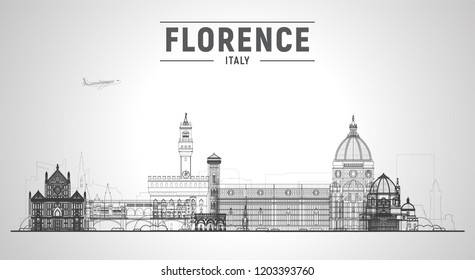 Florence ( Italy ) line vector city skyline in white background. Business travel and tourism concept with modern buildings. Image for banner or web site.