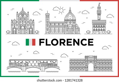 Florence, Italy. Ponte Vecchio, Palazzo Vecchio, Cathedral of Santa Maria del Fiore, buildings and city sights. Vector illustration