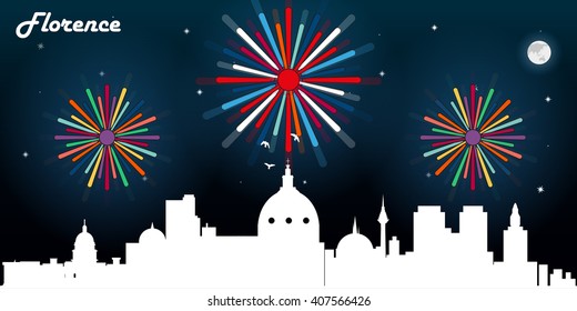Florence Italy skyline silhouette, dark night sky with fireworks vector design