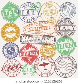 Florence Italy Stamp Vector Art Postal Passport Travel Design Set Badge RUbber Set.