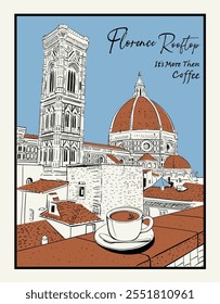 Florence Italy vector illustration, Florence rooftop coffee and bar sketch, Travel Italy artwork for t shirt, poster, wall art, decoration