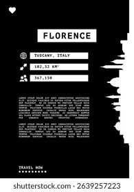 Florence, Italy vector infographics, brochure black and white layout. Guide, leaflet, flyer, graphic template with text, information, skyline contour. Page, festival, cover mock up image