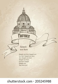 Florence landmark. Vintage background. Travel Italy icon. Hand drawn sketch. Cathedral Santa Maria del Fiore. Toscane  symbol wallpaper.