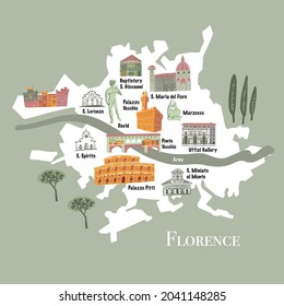 Florence map with landmarks icons set. Traditional symbols, buildings full color vector illustration.