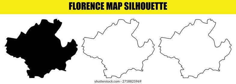Florence map silhouette collection features black filled shape, white filled shape, and outline shape. Ideal for graphic design, location maps, and vector illustrations.