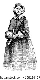 Florence Nightingale, 1820-1910, she was an English social reformer and statistician, and the founder of modern nursing, vintage line drawing or engraving illustration