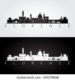 Florence skyline and landmarks silhouette, black and white design, vector illustration.