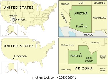 Florence Town Location On USA, Arizona State And Pinal County Map