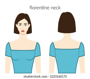 Florentine neckline clothes character beautiful lady in blue top, shirt, dress technical fashion illustration with fitted body. Flat apparel template front, back sides. Women, men unisex CAD mockup