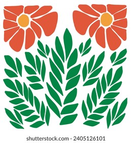 Flores abstratas laranja e folhas verdes. Estampas artísticas florais minimalistas inspiradas em Matisse em formato quadrado. Ilustração vetorial isolada em fundo branco.