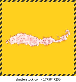 Flores closed - virus danger sign. Lock down island icon. Black striped border around map with virus spread concept. Vector illustration.