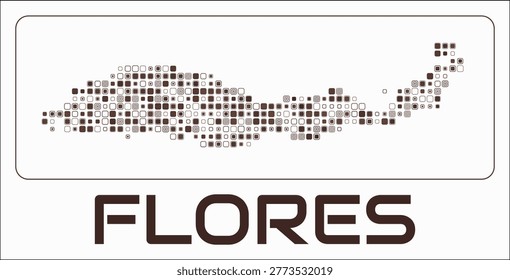 Flores digital style map. Small roundedSquare dots on white background. Dotted shape of the island. Flores map and title. Vibrant vector illustration.