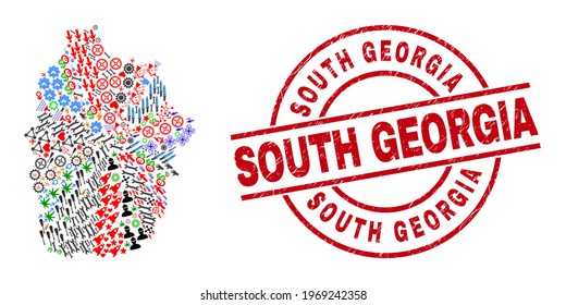 Flores Island of Azores map collage and scratched South Georgia red circle seal. South Georgia seal uses vector lines and arcs. Flores Island of Azores map mosaic contains helmets, homes, wrenches,