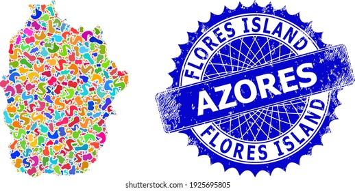 Flores Island of Azores map flat illustration. Blot mosaic map and unclean seal for Flores Island of Azores. Sharp rosette blue mark with tag for Flores Island of Azores map.