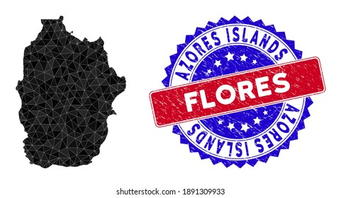 Flores Island of Azores map polygonal mesh with filled triangles, and rubber bicolor rubber seal. Triangle mosaic Flores Island of Azores map with mesh vector model, triangles have various sizes,