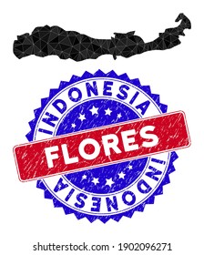 Flores Island of Indonesia map polygonal mesh with filled triangles, and unclean bicolor stamp seal. Triangle mosaic Flores Island of Indonesia map with mesh vector model,