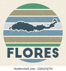 Flores logo. Sign with the map of island and colored stripes, vector illustration. Can be used as insignia, logotype, label, sticker or badge of the Flores.