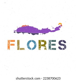 Flores map design. Shape of the island with beautiful geometric waves and grunge texture. Powerful vector illustration.