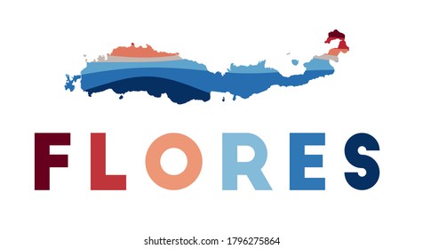 Flores map. Map of the island with beautiful geometric waves in red and blue colors. Vivid Flores shape. Vector illustration.