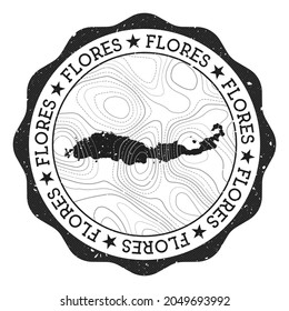 Flores outdoor stamp. Round sticker with map of island with topographic isolines. Vector illustration. Can be used as insignia, logotype, label, sticker or badge of the Flores.