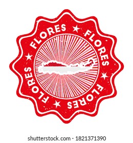 Flores round grunge stamp with island map and country flag. Vintage badge with circular text and stars, vector illustration.