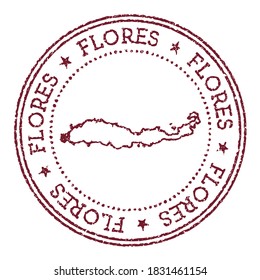 Flores round rubber stamp with island map. Vintage red passport stamp with circular text and stars, vector illustration.