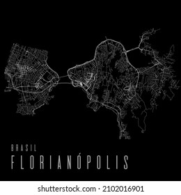 Florianopolis city vector map poster. Brazil municipality square linear street map, administrative municipal area, white lines on black background, with title.