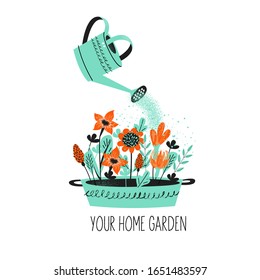 Floriculture. Different garden flowers in a large basin. Garden watering can watering flowers. Vector illustration.