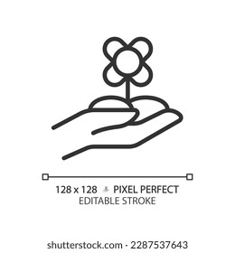 Floriculture linear icon. Flower farming. Ornamental horticulture. Plant cultivation. Floral industry. Thin line illustration. Contour symbol. Vector outline drawing. Editable stroke