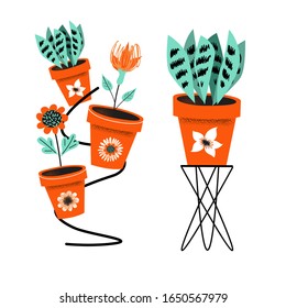 Floriculture. Set of flower pots on flower stands. Vector illustratio